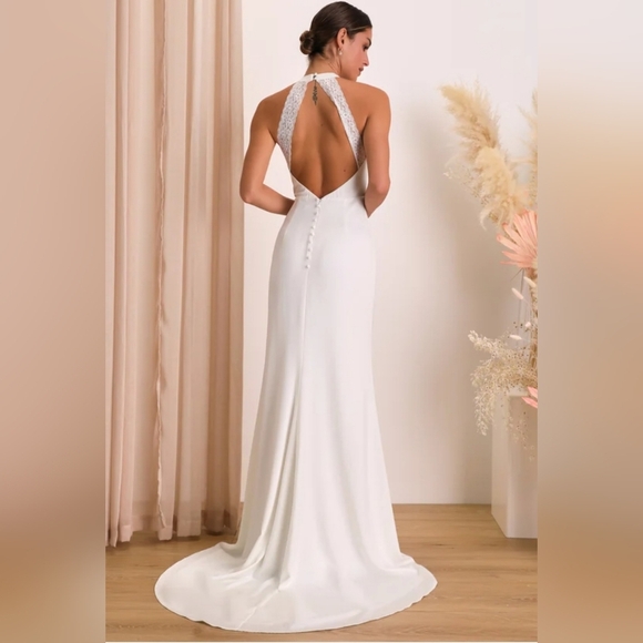 Lulus - Radiant Adoration White Satin Lace Backless Halter Maxi Dress Lulus - Radiant Adoration White Satin Lace Backless Halter Maxi Dress